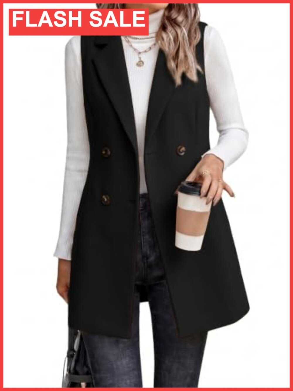 Long Sleeveless Tweed Vest Blazer Fall Jacket Cardigan Outerwear